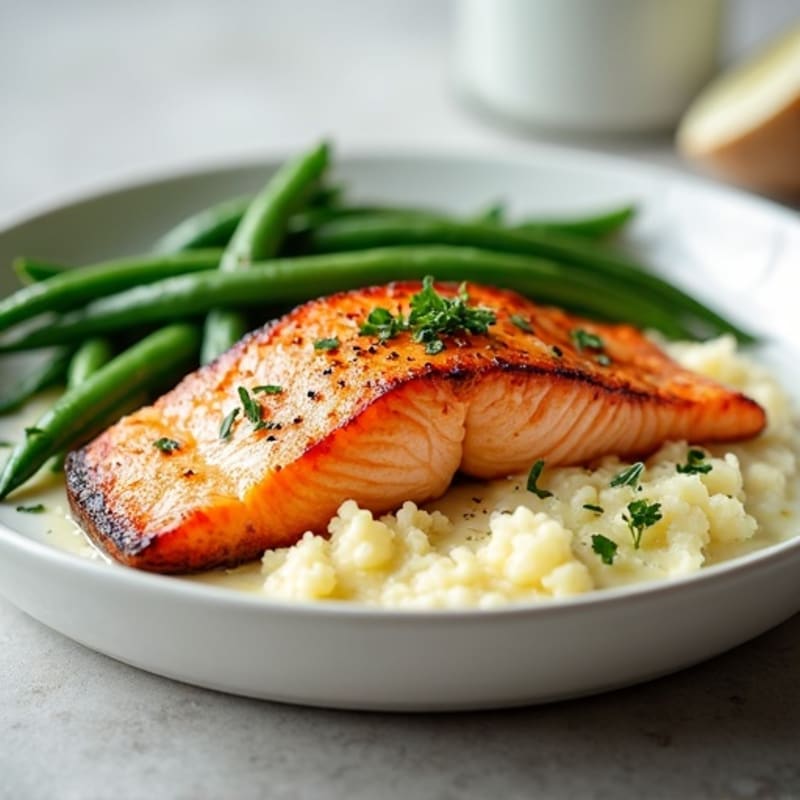 Seared Salmon with Steamed Green Beans and Garlic Mashed Cauliflower