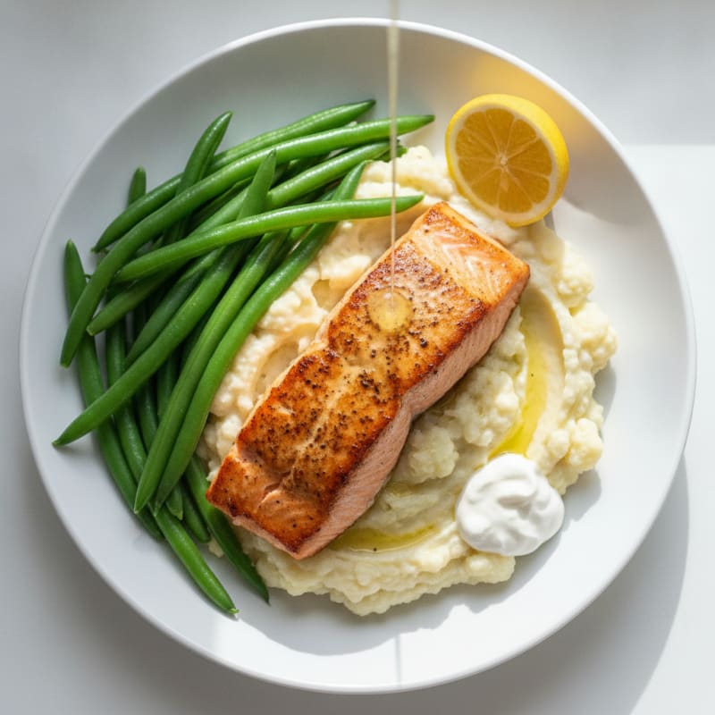 Seared Salmon with Steamed Green Beans and Garlic Mashed Cauliflower