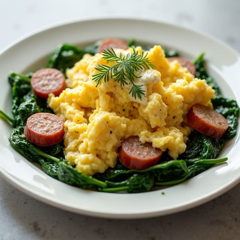 Egg White Scramble with Turkey Sausage and Sautéed Spinach