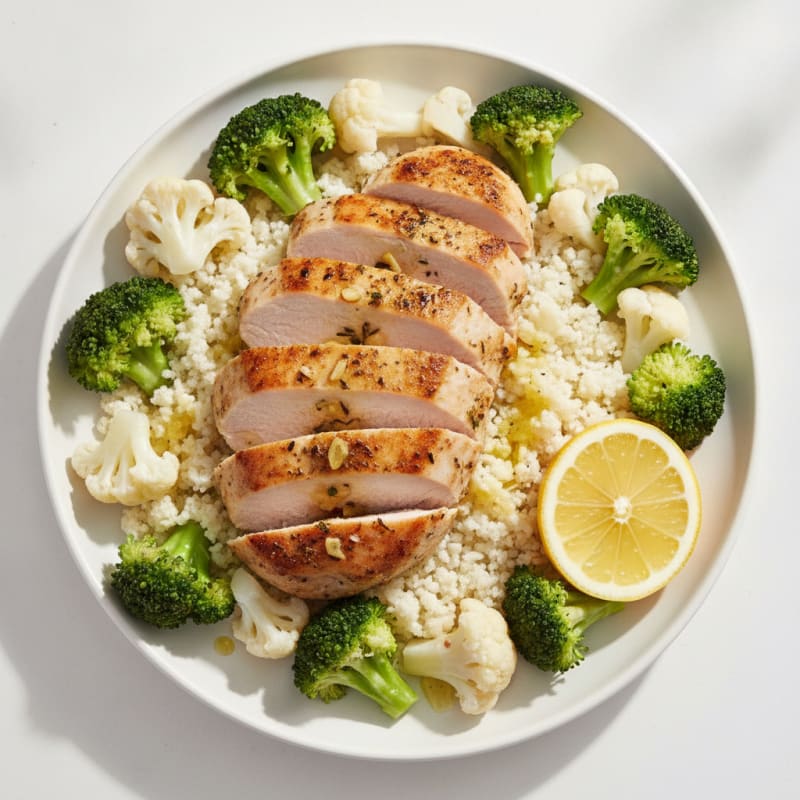 Seared Turkey Breast with Steamed Broccoli and Cauliflower Rice