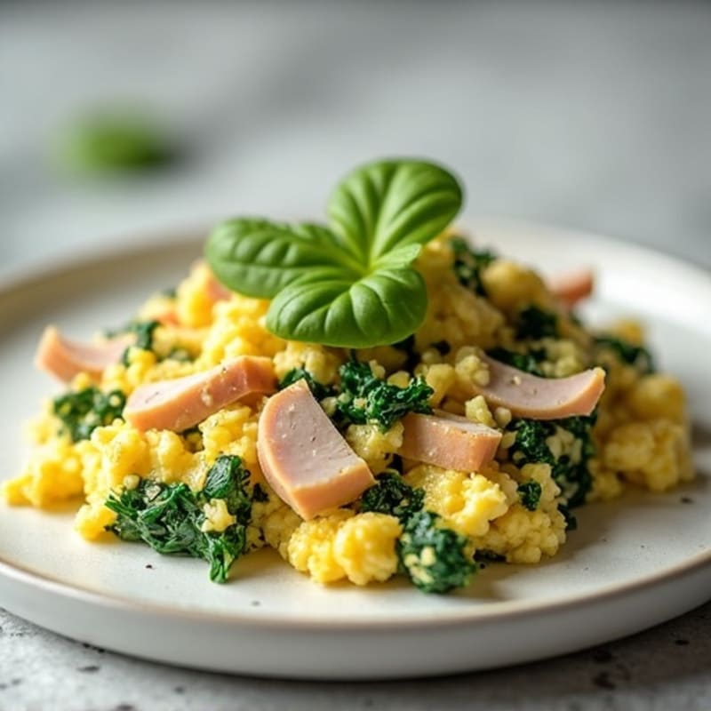 Egg White Spinach Scramble with Cottage Cheese and Sliced Turkey