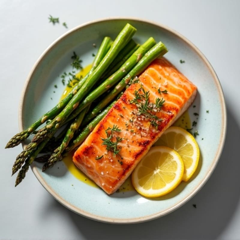 Seared Salmon Fillet with Roasted Asparagus and Lemon
