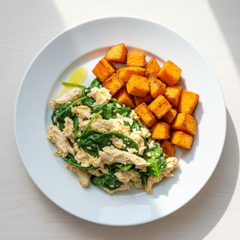 Spinach and Chicken Egg White Scramble with Roasted Sweet Potato