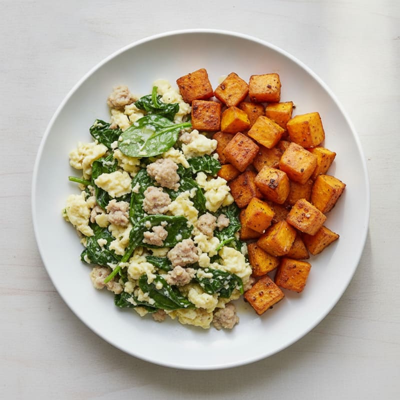 Egg White and Turkey Sausage Scramble with Spinach and Roasted Sweet Potatoes