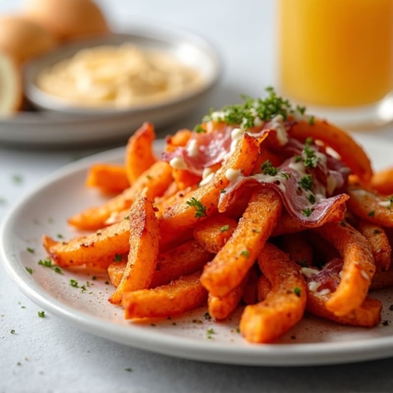 Crispy Roasted Sweet Potato Fries with Lean Bacon and Creamy Cheese Sauce