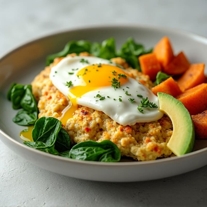 Egg White and Turkey Spinach Scramble with Roasted Sweet Potato