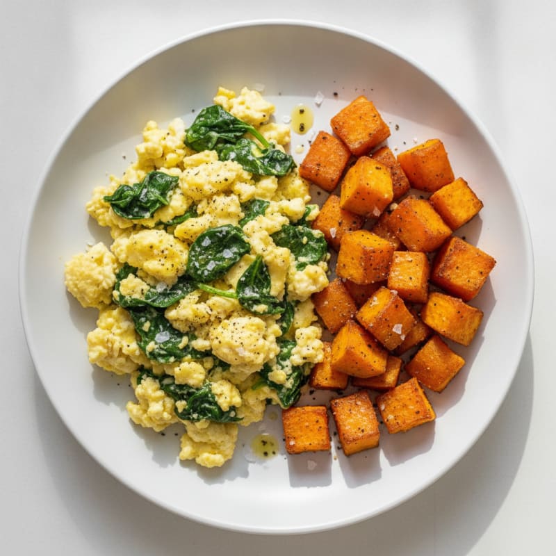 Cottage Cheese Scramble with Spinach and Roasted Sweet Potato
