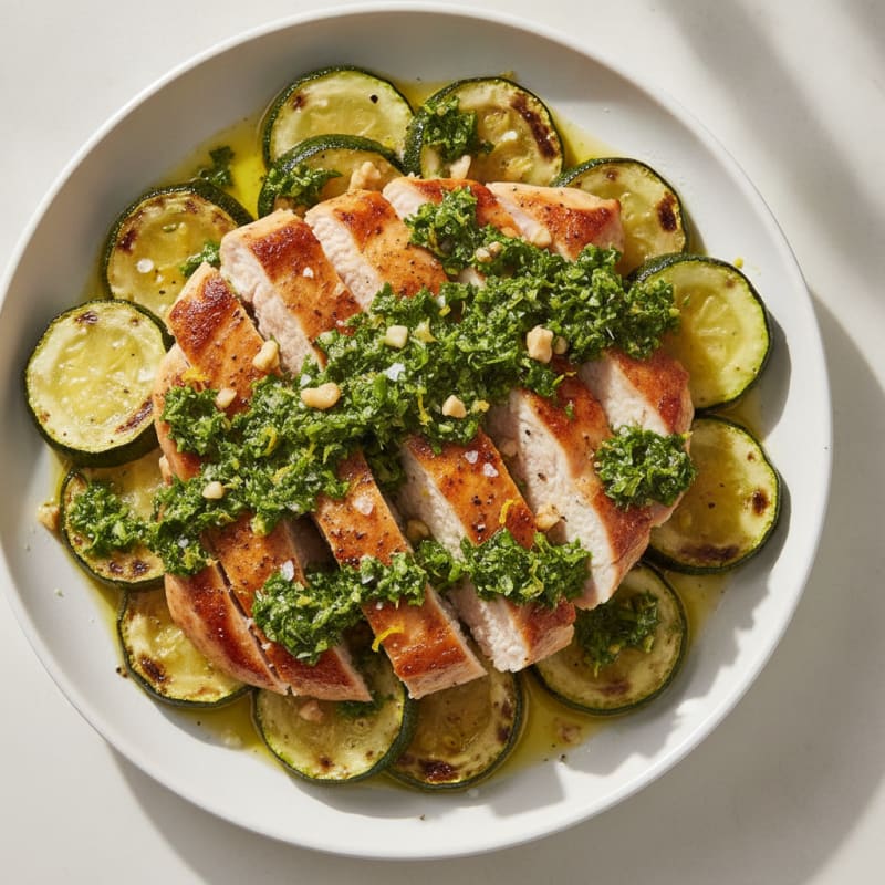 Roasted Zucchini with Lemon-Herb Gremolata and Seared Chicken
