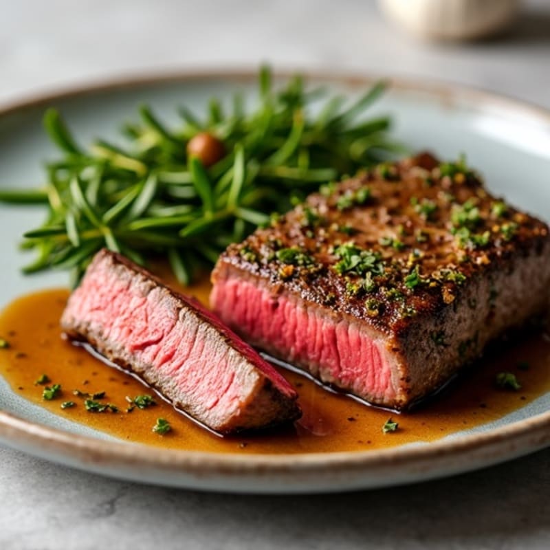 Herb-Crusted Pan Seared Steak with Roasted Garlic