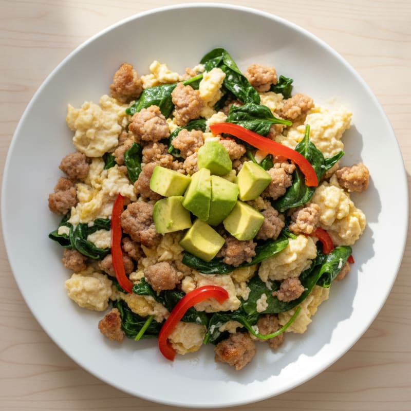 Egg White Scramble with Turkey Sausage and Sautéed Spinach