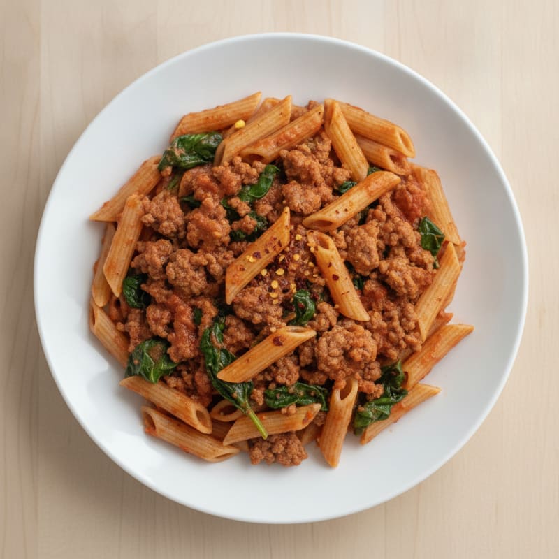 Lean Beef and Whole Wheat Penne with Tomato Spinach Sauce