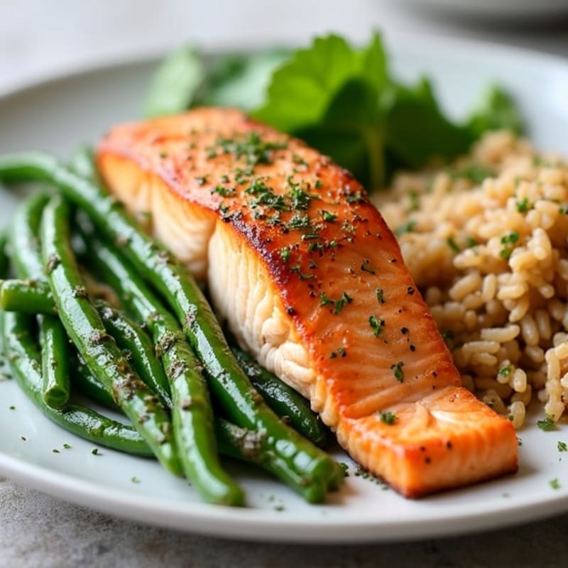 Seared Salmon with Garlic Green Beans and Brown Rice