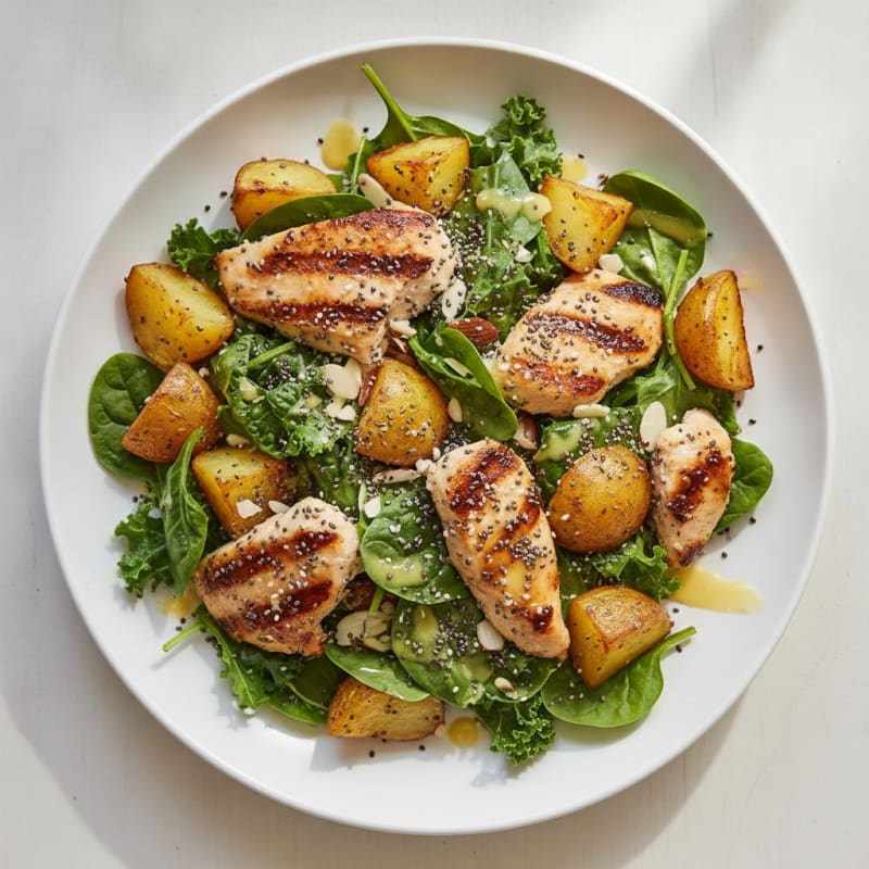 Grilled Chicken and Leafy Greens Salad with Roasted Potatoes and Chia Seeds