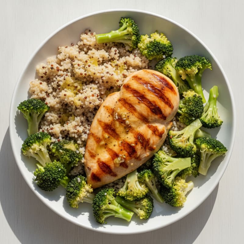 Grilled Chicken Breast with Steamed Broccoli and Quinoa
