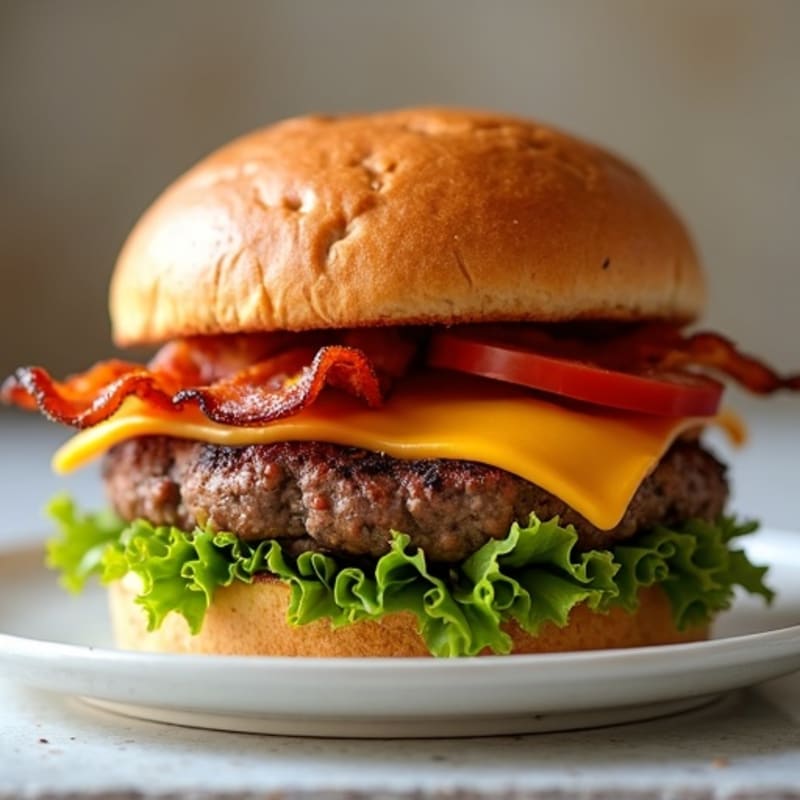 Smoky Lean Beef Burger with Crispy Turkey Bacon and Melty Cheddar