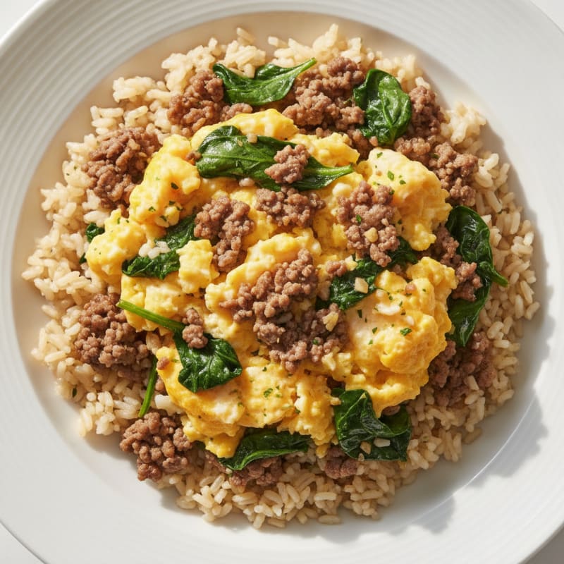 Scrambled Eggs with Sautéed Mince Meat and Spinach