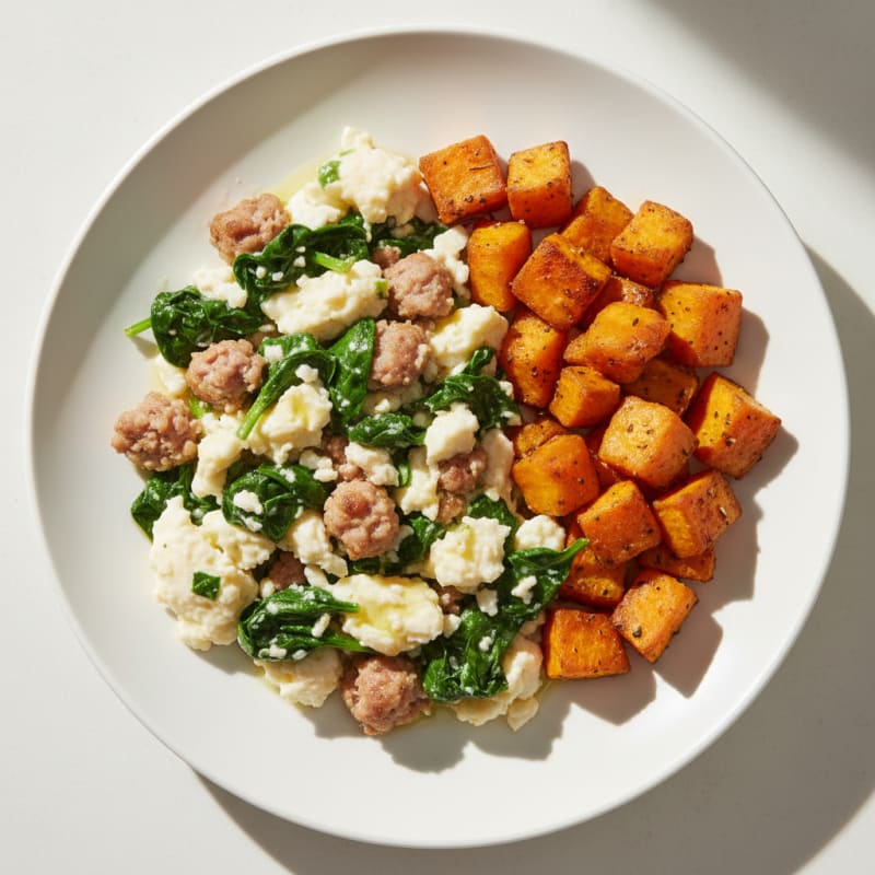 Egg White and Turkey Sausage Scramble with Spinach and Roasted Sweet Potato