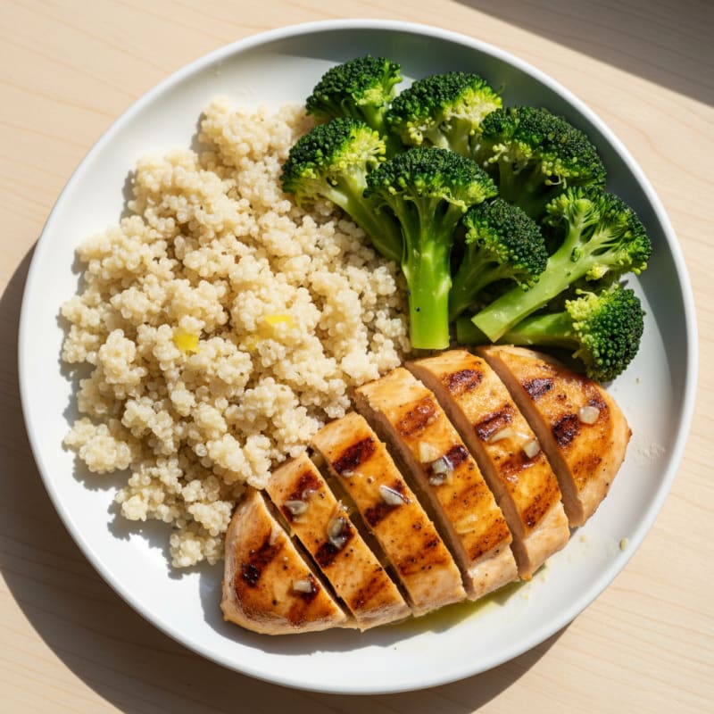 Grilled Lemon-Garlic Chicken Breast with Quinoa and Steamed Broccoli