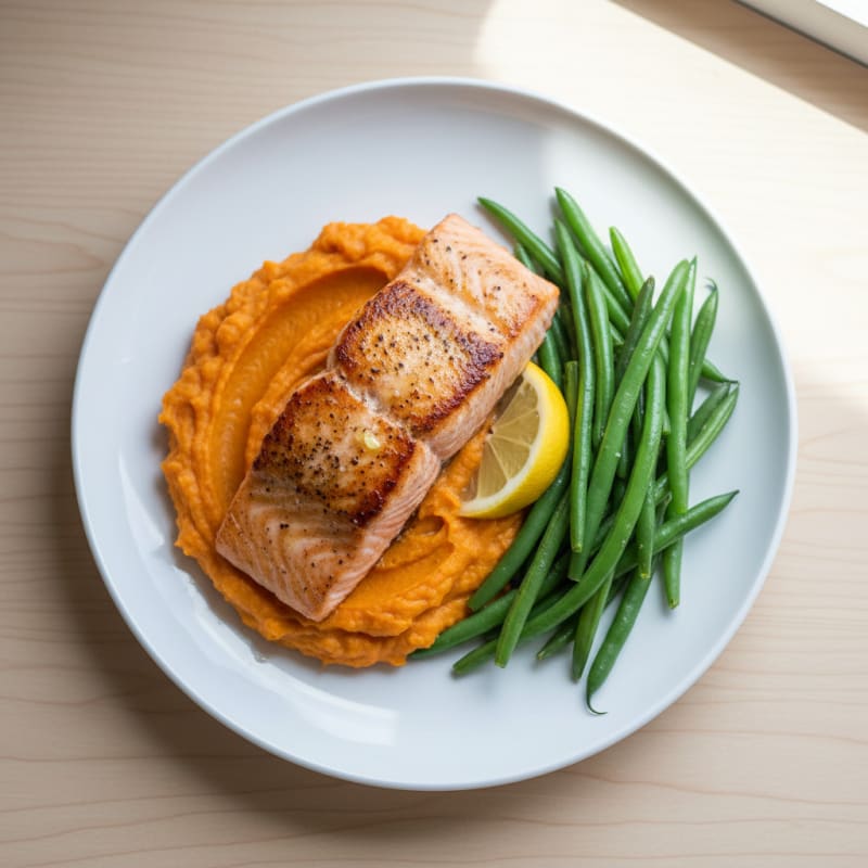 Seared Salmon with Steamed Green Beans and Sweet Potato Mash
