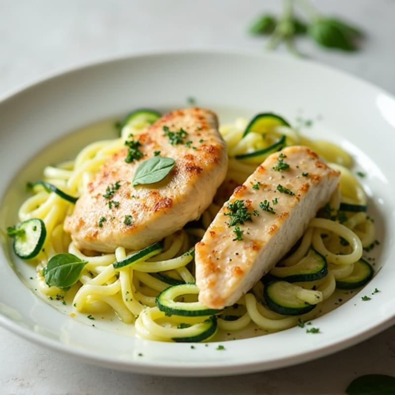 Creamy Cauliflower Alfredo Chicken with Zucchini Noodles