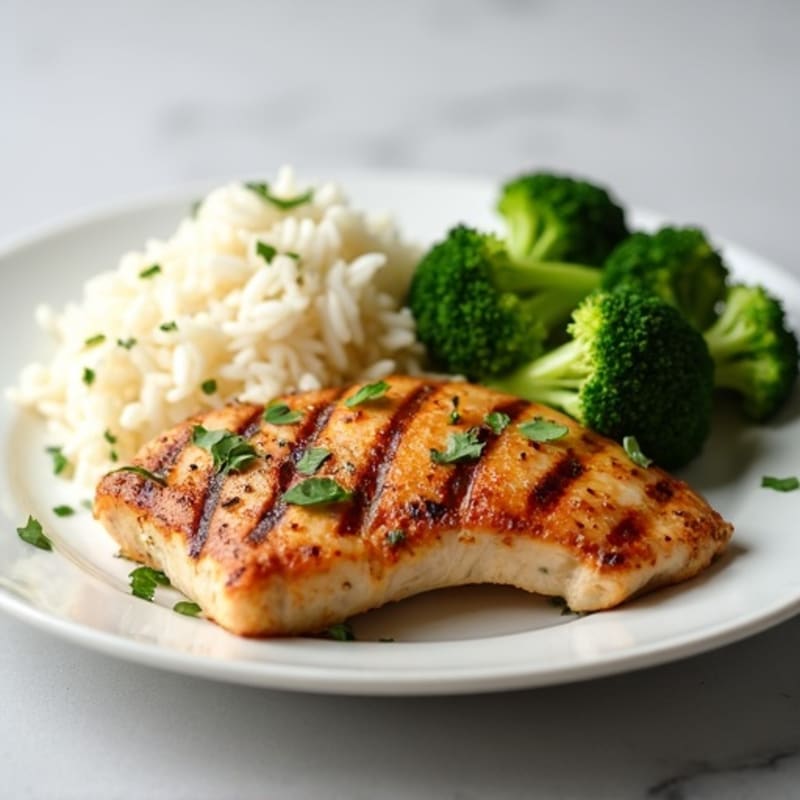 Grilled Chicken Breast with Steamed Rice and Broccoli