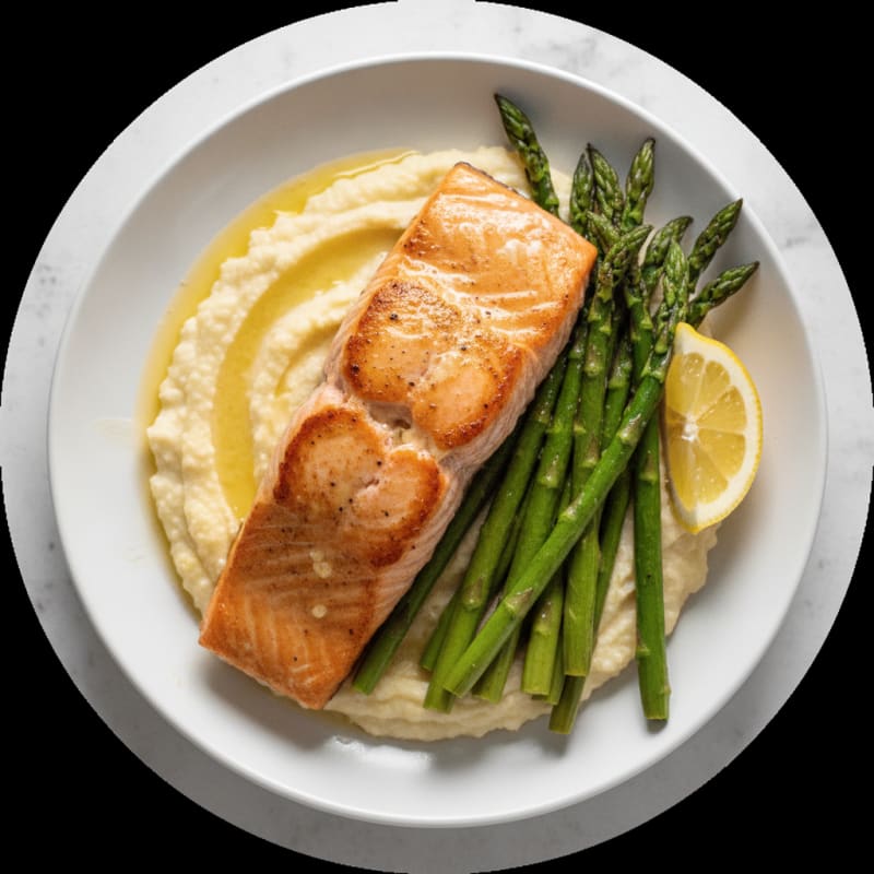 Seared Salmon Fillet with Roasted Asparagus and Cauliflower Mash
