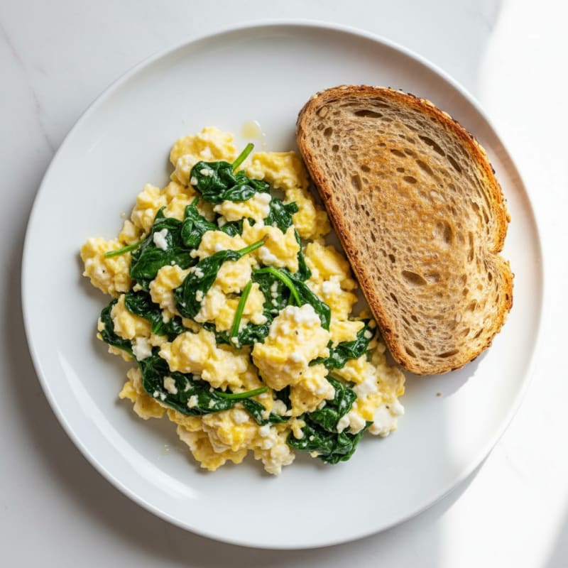 Scrambled Eggs with Cottage Cheese and Sautéed Spinach