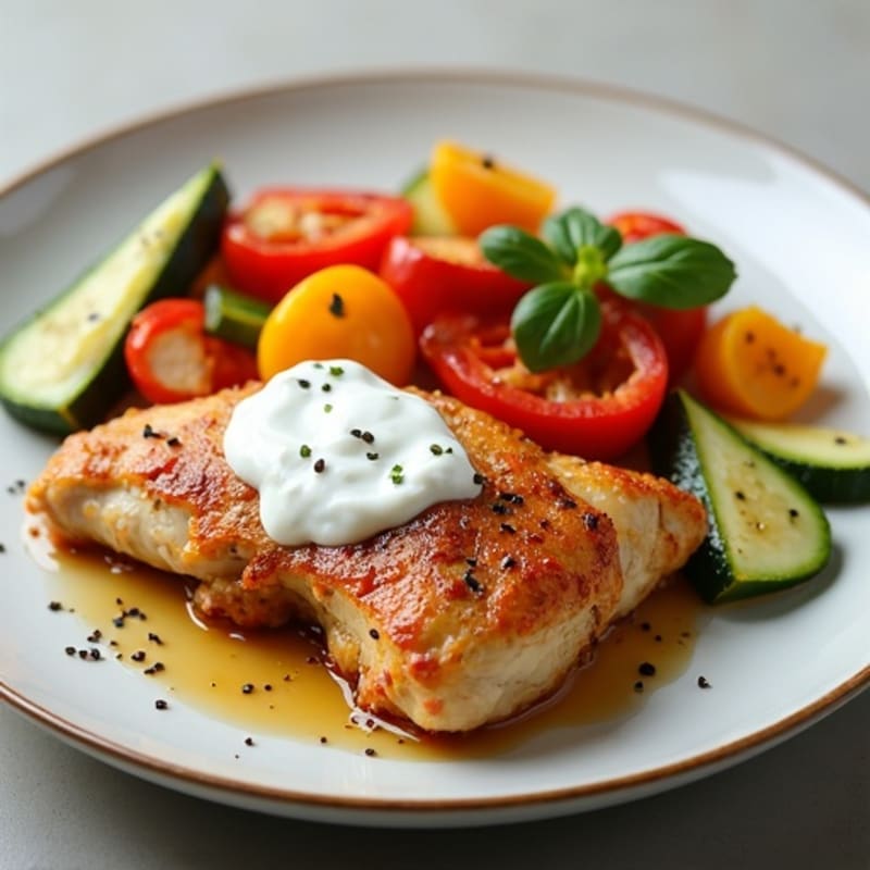 Juicy Spiced Roasted Chicken with Fresh Vegetables and Creamy Garlic Sauce