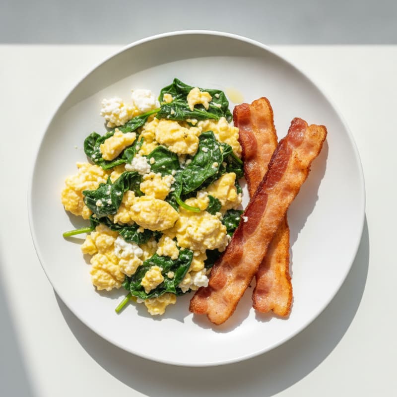 Cottage Cheese and Egg Scramble with Spinach and Turkey Bacon