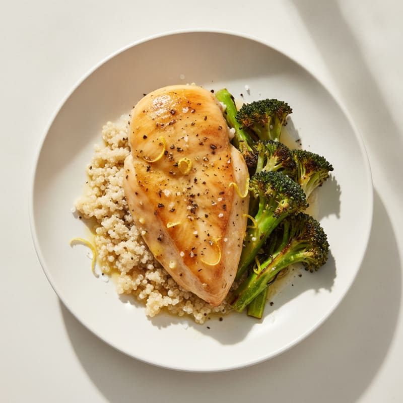 Lemon-Herb Roasted Chicken with Quinoa and Charred Broccoli