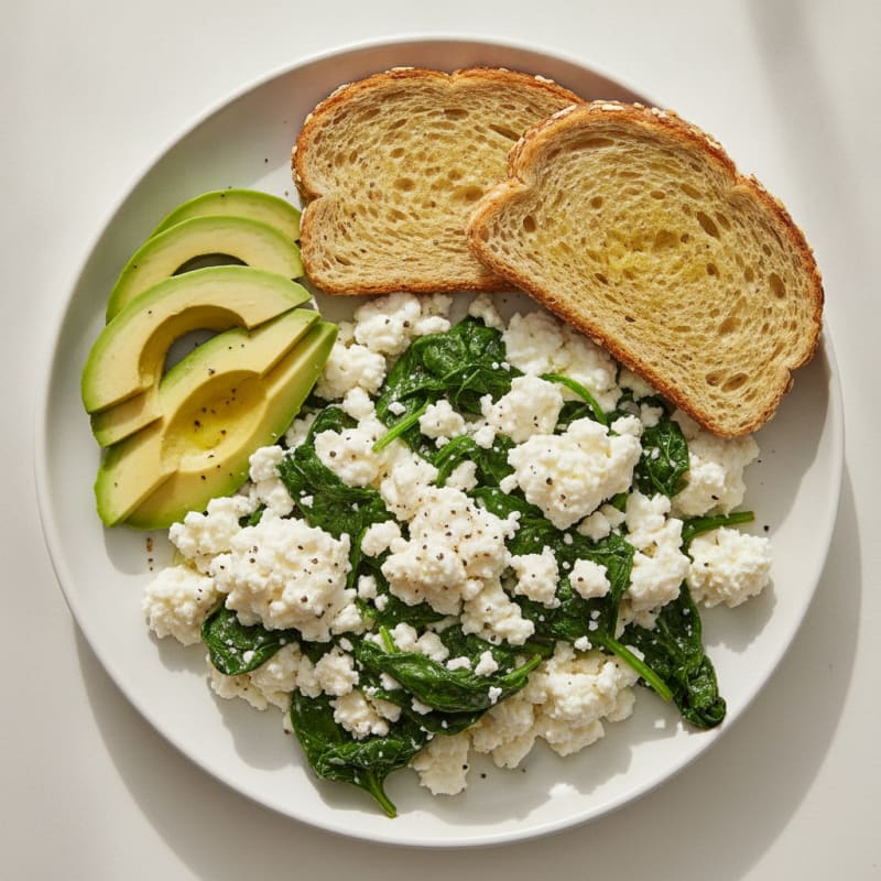 Egg White and Cottage Cheese Scramble with Sautéed Spinach
