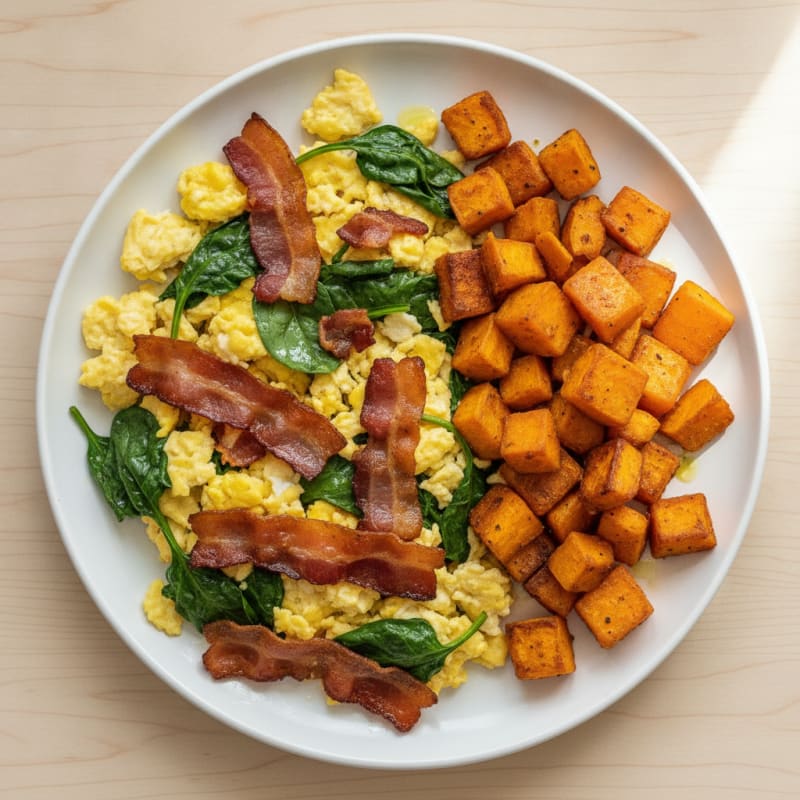 Egg and Bacon Scramble with Roasted Sweet Potatoes
