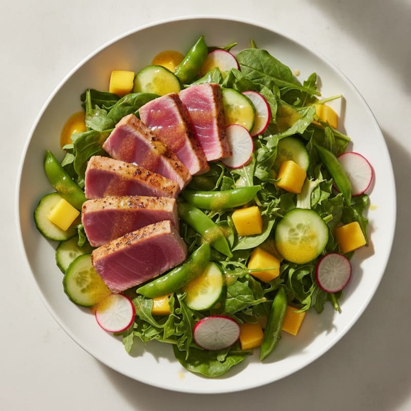 Seared Tuna Salad with Crunchy Vegetables and Lemon Vinaigrette
