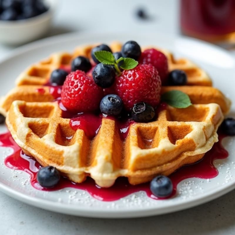 Golden Vanilla Protein Waffles with Berry Compote