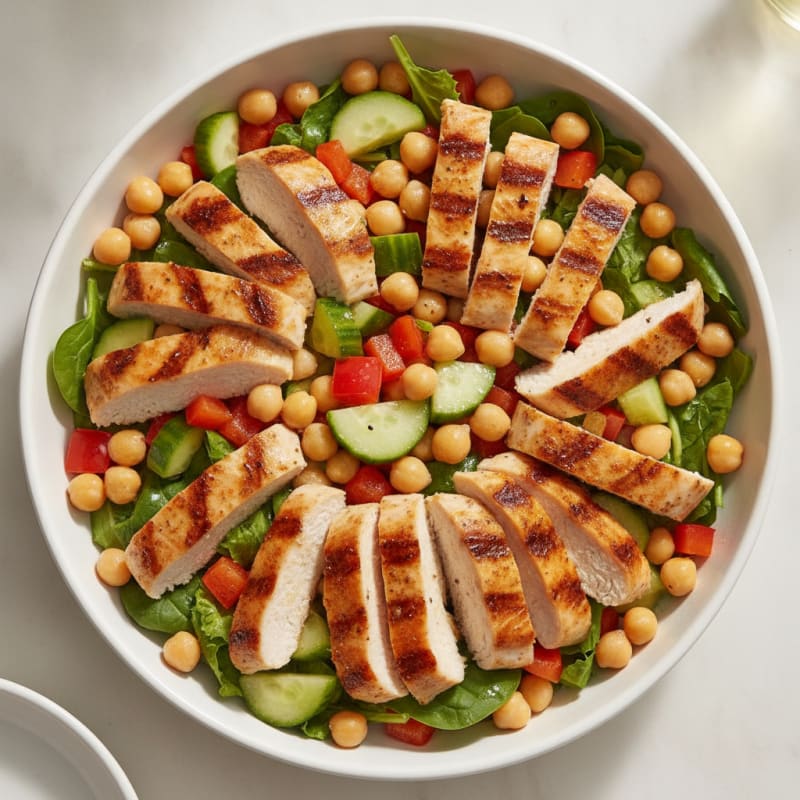 Grilled Chicken Breast Salad with Chickpeas and Crunchy Vegetables