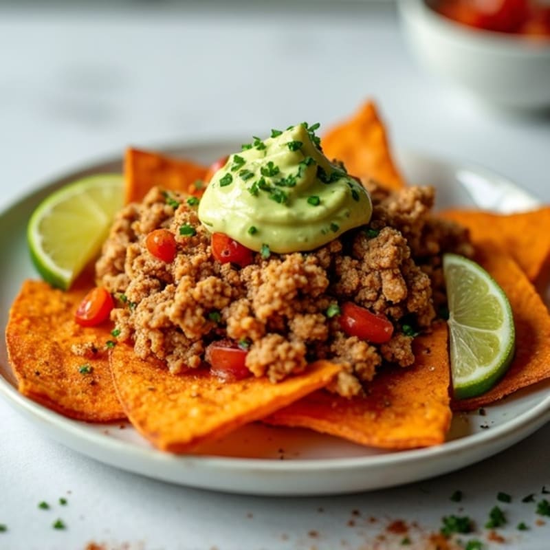 Crispy Sweet Potato Nachos with Seasoned Ground Chicken and Creamy Avocado