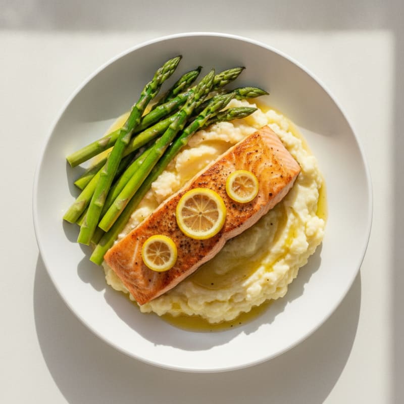 Seared Salmon with Steamed Asparagus and Mashed Cauliflower