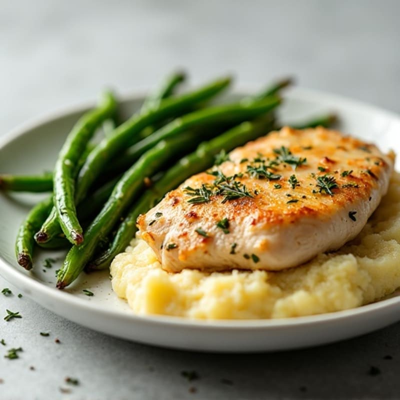 Herb-Roasted Chicken with Creamy Buttery Garlic Mashed Potatoes and Crispy Roasted Green Beans