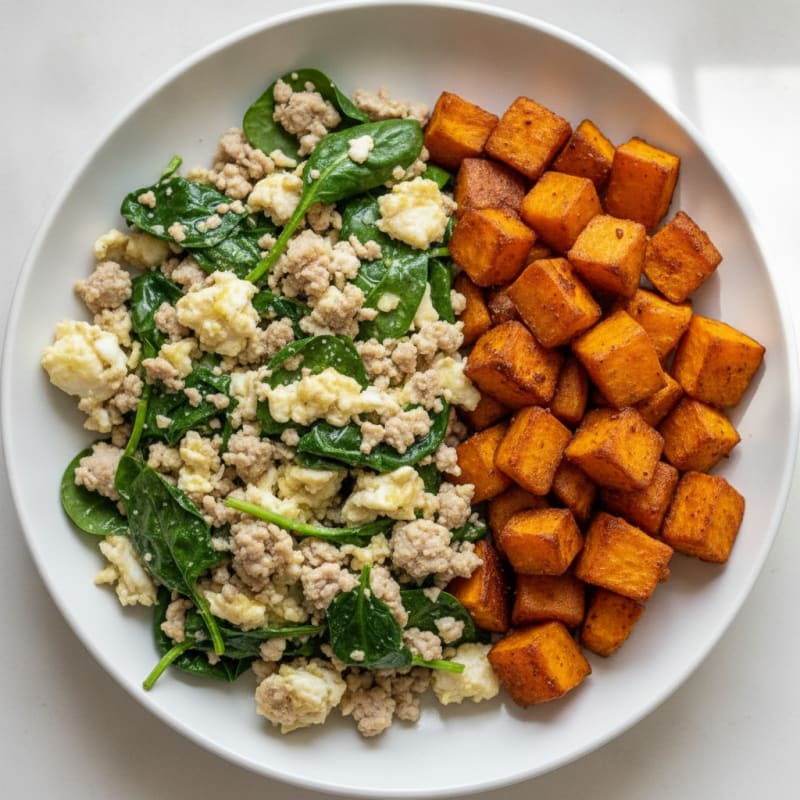 Egg White and Turkey Spinach Scramble with Roasted Sweet Potatoes