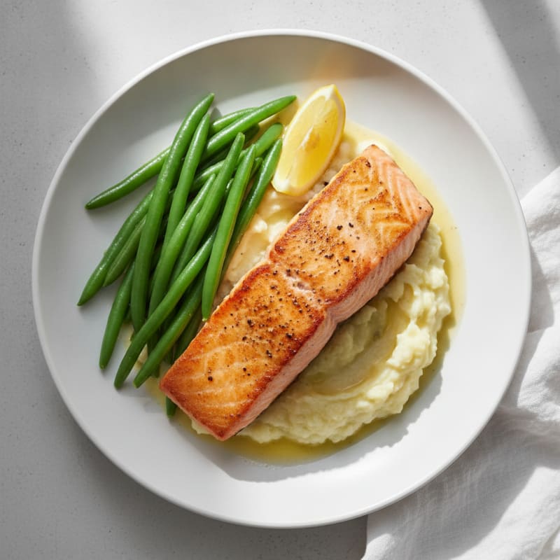 Seared Salmon Fillet with Steamed Green Beans and Garlic Mashed Cauliflower