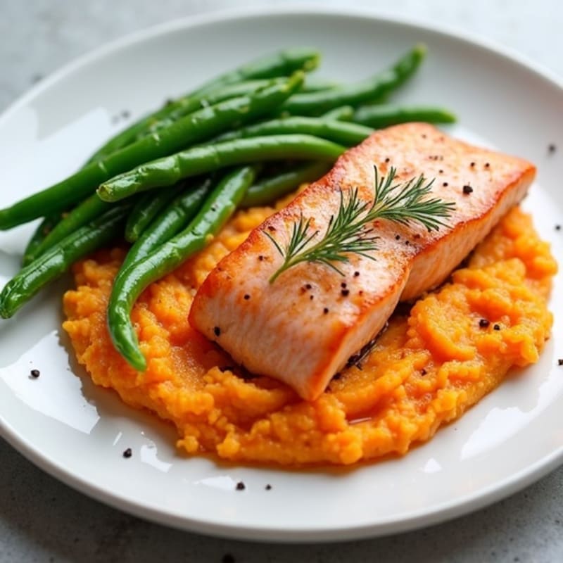 Seared Salmon Fillet with Steamed Green Beans and Sweet Potato Mash