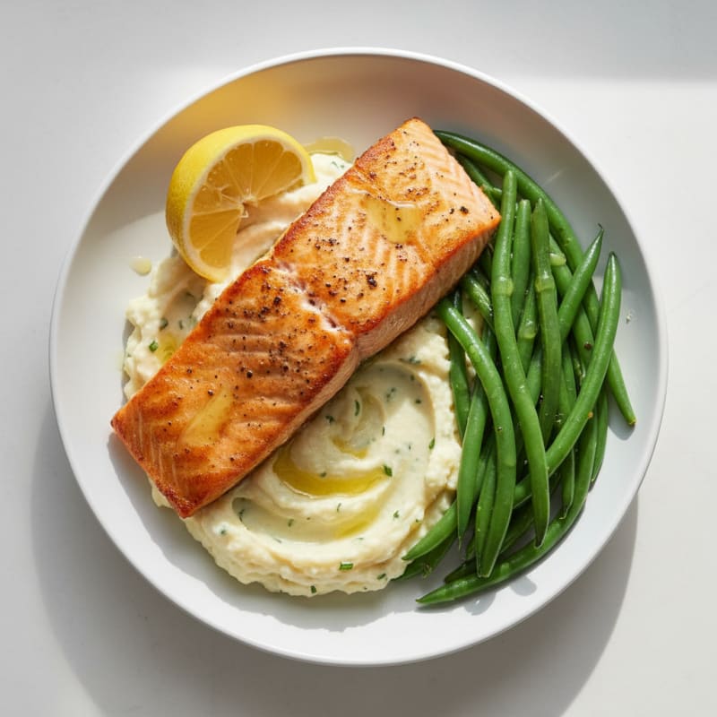 Seared Salmon with Steamed Green Beans and Garlic Mashed Cauliflower
