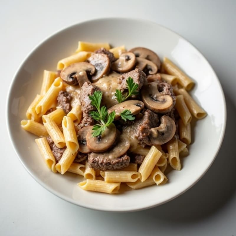 Lean Beef with Creamy Mushroom Sauce and Whole Wheat Pasta