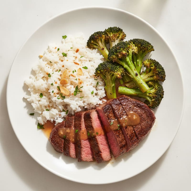 Seared Steak with Roasted Vegetables and Garlic Rice