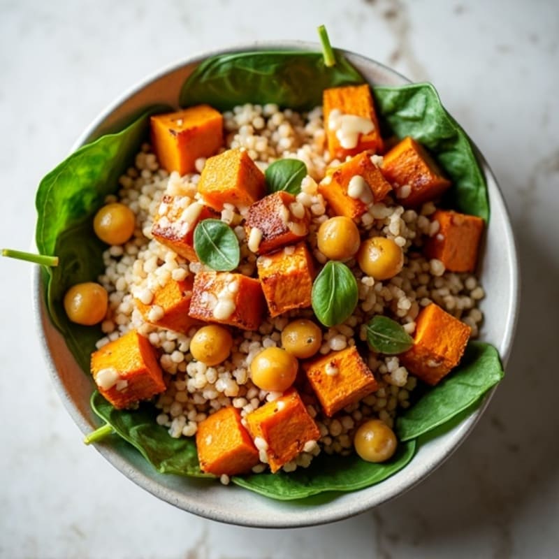 Crispy Chickpea and Roasted Sweet Potato Grain Bowl with Creamy Tahini