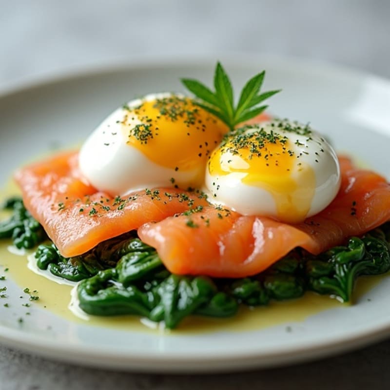 Poached Eggs with Smoked Salmon, Wilted Spinach, and Creamy Lemon-Dill Sauce