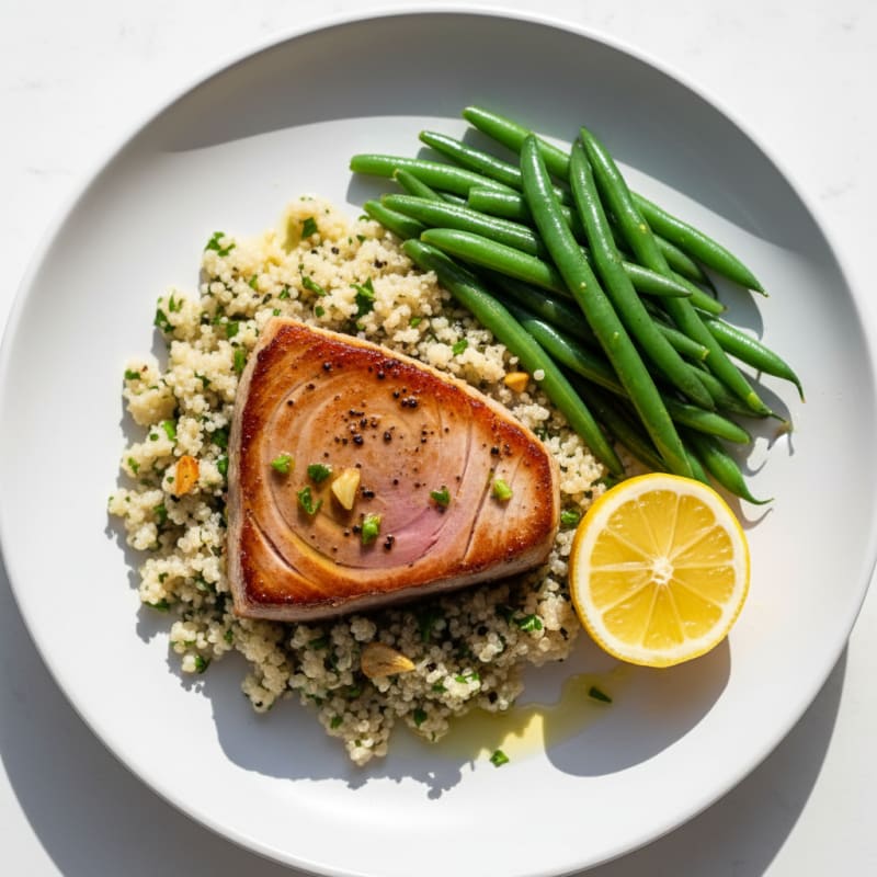 Seared Tuna Steak with Steamed Green Beans and Garlic Quinoa