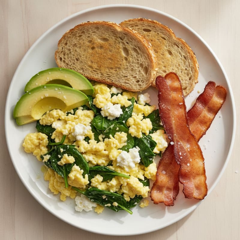 Cottage Cheese Scramble with Spinach and Turkey Bacon