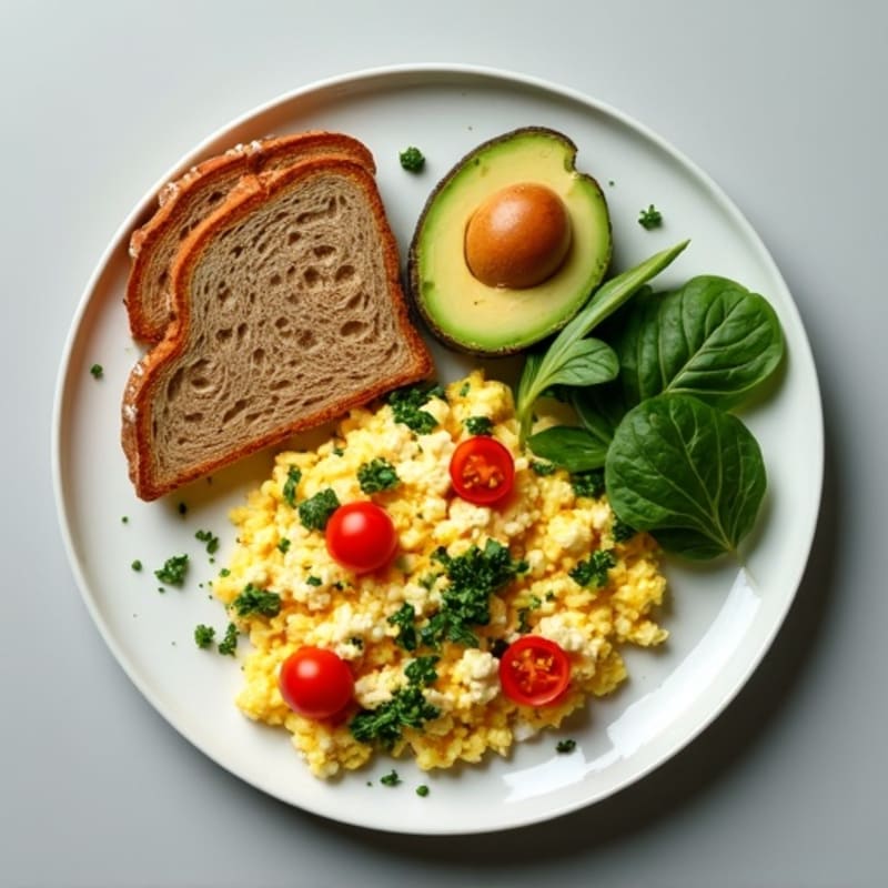 Cottage Cheese Egg White Scramble with Spinach and Cherry Tomatoes