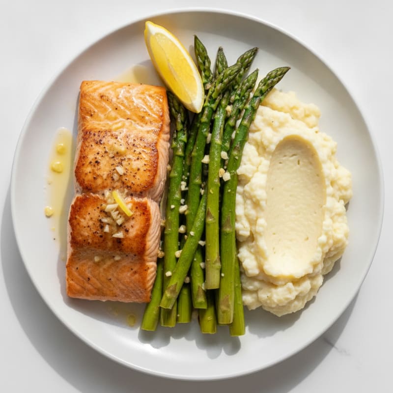 Seared Salmon with Roasted Asparagus and Cauliflower Mash